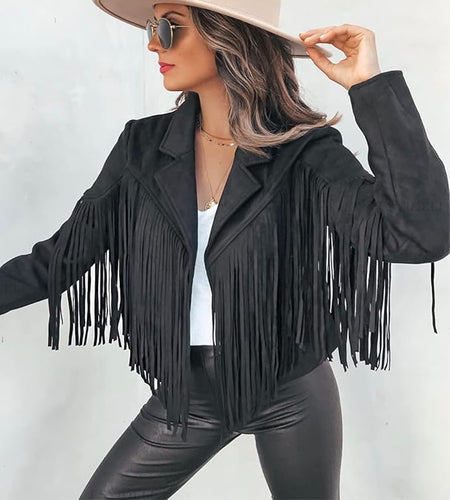 Moto Chic Black Fringed Faux Suede Leather Crop Jacket