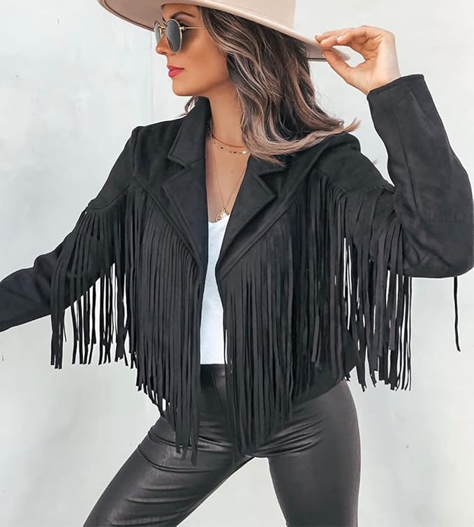 Moto Chic Black Fringed Faux Suede Leather Crop Jacket