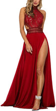 Load image into Gallery viewer, Red Lace Halter Sleeveless Dual Split Maxi Dress