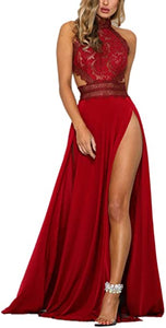 Red Lace Halter Sleeveless Dual Split Maxi Dress