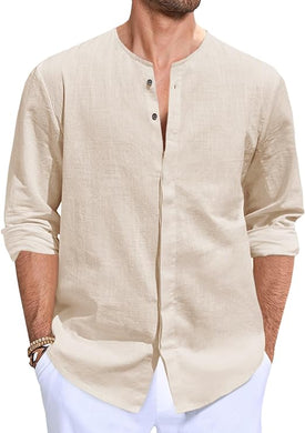 Men's Beige Cotton Linen Button Down Casual Shirt