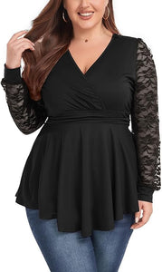 Plus Size Black V Neck Lace Sleeve Peplum Knit Top