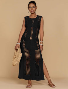 Black Sleeveless Crochet Knit Maxi Dress