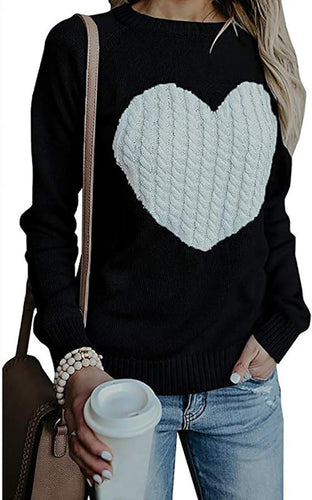 Winter Heart Patchwork Black/White Knit Long Sleeve Sweater