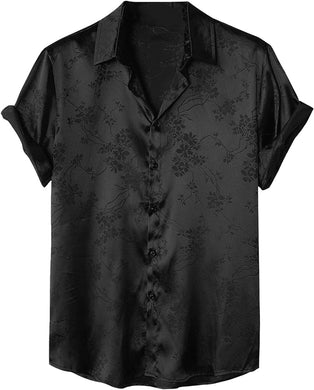 Men's Satin Black Floral Short Sleeve Button Down Shirt