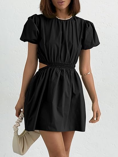 Stylish Black Cut Out Puff Sleeve Mini Dress