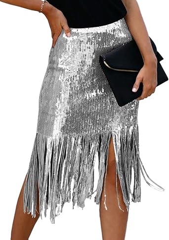 Party Style Fringe Tassel Sequin Midi Skirt