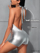 Load image into Gallery viewer, Metallic Halter Sleeveless Silver Romper