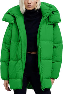 Trendy Khaki Quilted Puffer Mid-Length Warm Winter Heavyweight Coat