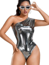 Load image into Gallery viewer, Metallic Dark Silver One Shoulder Shiny Leotard Sleeveless Bodysuit