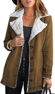 Lapel Sherpa Fleece Lined Long Sleeve Black Button Jacket