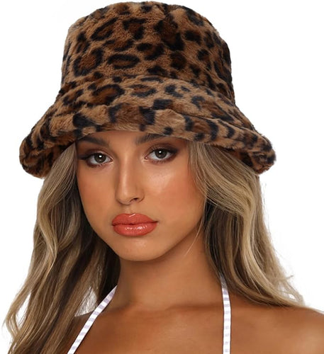 Cheetah Brown Faux Fur Winter Bucket Hat