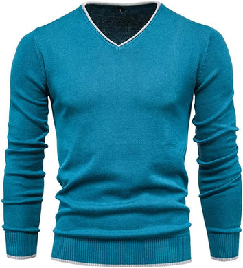 Men's Teal Blue Long Sleeve V Neck Sweater