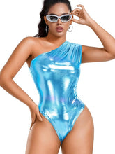 Load image into Gallery viewer, Metallic Dark Silver One Shoulder Shiny Leotard Sleeveless Bodysuit