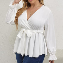 Load image into Gallery viewer, Plus Size Black Long Sleeve Peplum Wrap Top