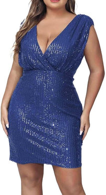 Plus Size Glitter Blue Sequin Deep V Mini Dress