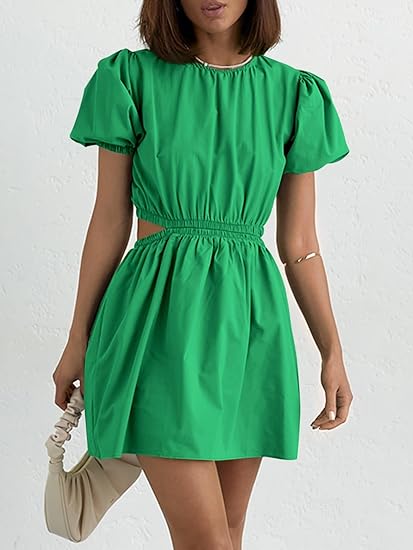 Stylish Green Cut Out Puff Sleeve Mini Dress