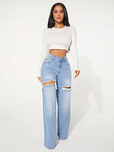 Load image into Gallery viewer, Cute Denim Blue Ripped Wide Leg Denim Pants