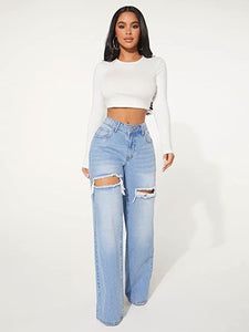 Cute Denim Blue Ripped Wide Leg Denim Pants