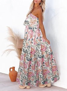 Boho Strapless Pink/Brown Floral Summer Maxi Dress