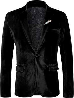 Men's Elegant Black Velvet Long Sleeve Blazer Sport Coat