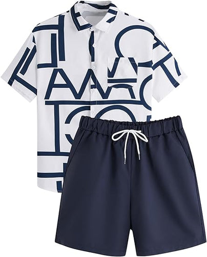 Men's Blue/White Geometric Short Sleeve Shirt & Shorts Set