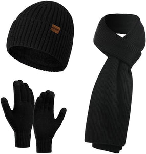 Winter Soft Black/Light Grey Thermal Knit Beanie Hat, Gloves & Scarf Set