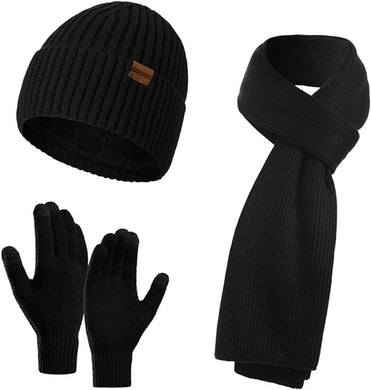 Winter Soft Black Thermal Knit Beanie Hat, Gloves & Scarf Set