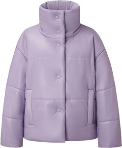 Fashionable Lavender Padded Vegan Leather Long Sleeve Puffer Jacket