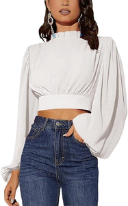 White Ruffled Neck Long Sleeve Top