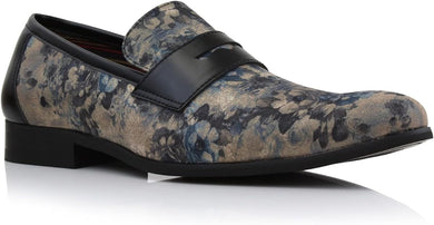 Men's Leather Black Azure Floral Penny Loafer Dress Shoes