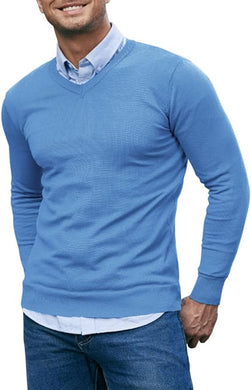 Men's Soft Knit Light Blue V Neck Long Sleeve Sweater