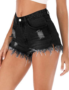 Black Distressed Denim High Waist Shorts