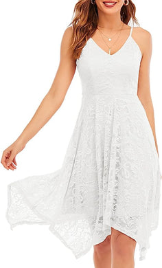Beautiful Lace White Asymmetrical Hem Cocktail Party Dress