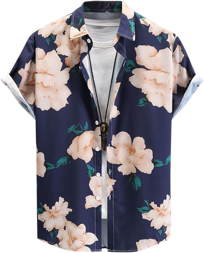 Men's Summer Floral Printed Short Sleeve A-deep Blue Shirt