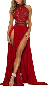 Red Lace Halter Sleeveless Dual Split Maxi Dress