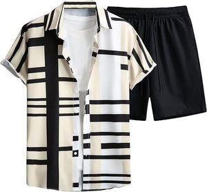 Men's Orange/Black Geometric Short Sleeve Shirt & Shorts Set