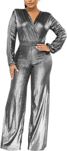 Load image into Gallery viewer, Glamourous Metallic Silver Long Sleeve V Cut Jumpsuit