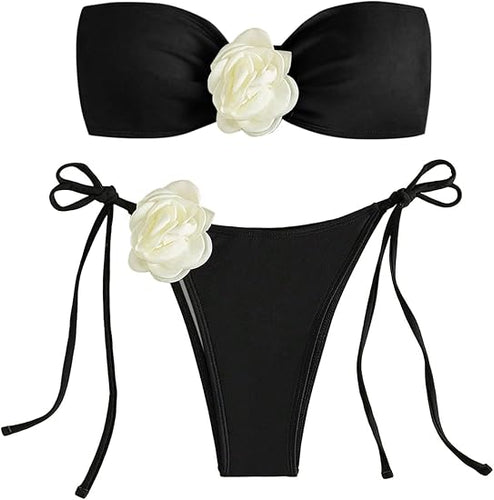 Floral Flower Bandeau Bikini Black Swimsuit