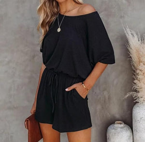 Soft Dark Grey Knit Off Shoulder Shorts Romper