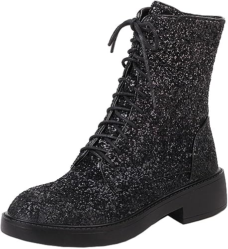 Lace Up Glitter Sequin 4cm-black Combat Boots