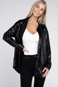 Sequin Collared Long Sleeve Button Up Shirt