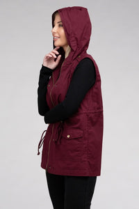 Burgundy Red Drawstring Waist Military Style Hoodie Vest