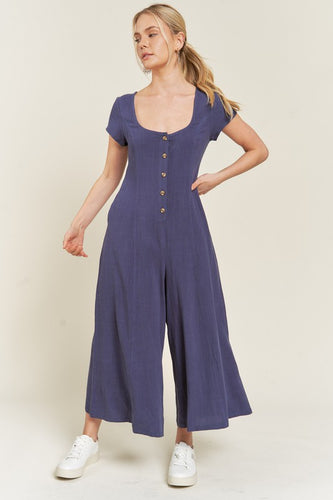 Plus Size Navy Blue Linen Button Down Wide Leg Jumpsuit