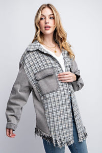 Tweed Mixed Charcoal Denim Jacket with Fringed Hem