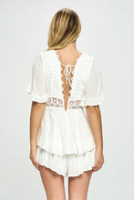 Load image into Gallery viewer, Beige Ruffle Sleeved Short Romper with Crochet Trim