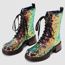 Load image into Gallery viewer, Lace Up Glitter Sequin 5.5cm-gold Combat Boots