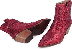 Cowboy Style Rhinestone Sequin Red Ankle Boots