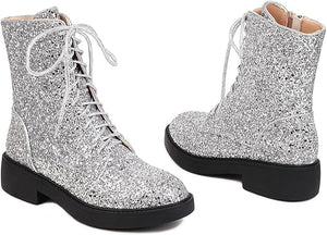 Lace Up Glitter Sequin 4cm-silver Combat Boots