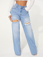 Load image into Gallery viewer, Cute Denim Blue Ripped Wide Leg Denim Pants